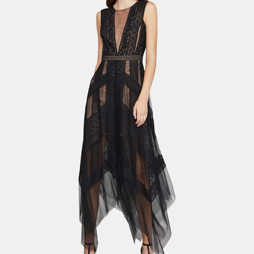 BCBGMaxAzria Black Asymmetrical Mesh Dress